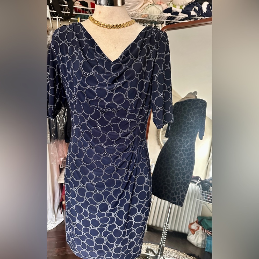Lauren by Ralph Lauren Navy Blue Circular Print Cowl Neck Midi Dress